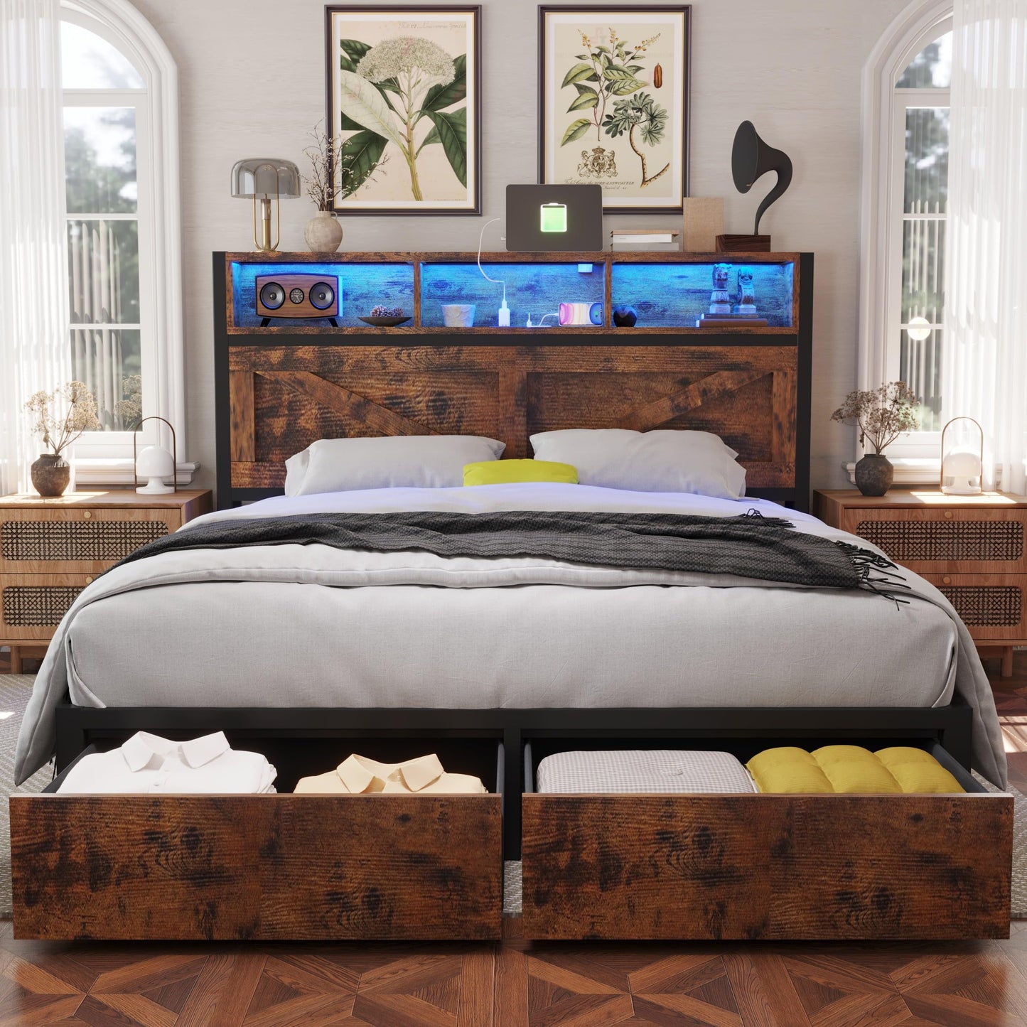 Farmhouse King Bed Frame with Headboard – Black