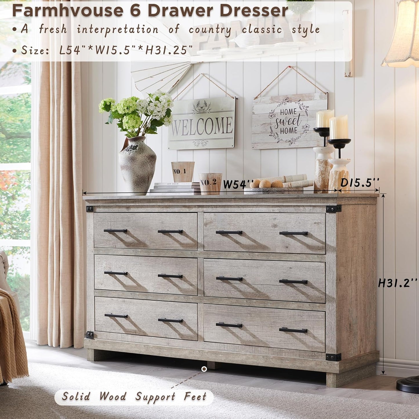 T4TREAM 6-Drawer Farmhouse Dresser 54"