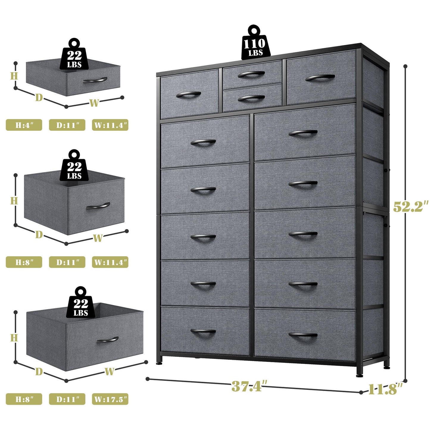 14-Drawer Fabric Dresser – Grey